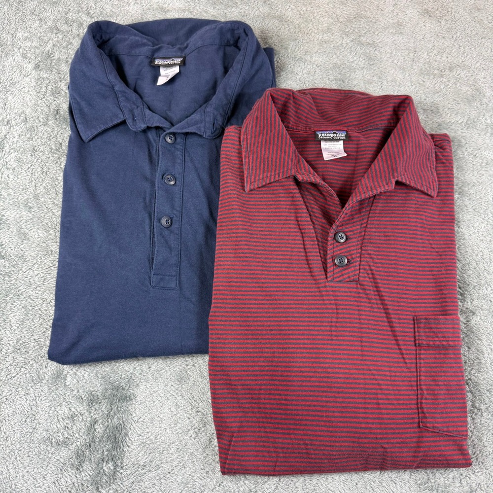 Patagonia Mens XL Organic Cotton Polo Shirt Lot 2 Navy Blue Burgundy Striped